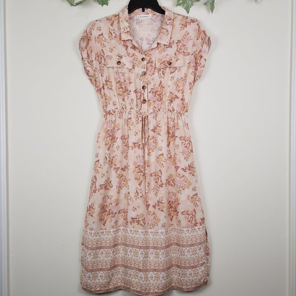 Lucky Brand Size L Floral Print Button Front Boho Shirt Midi Dress with Pockets - Picture 2 of 9
